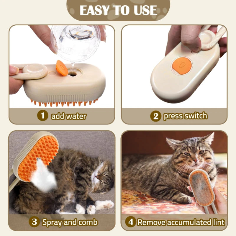 3-in-1 Steam Brush for Dogs and Cats - Removes Hair, Massages, and Cleans with Vaporized Spray
