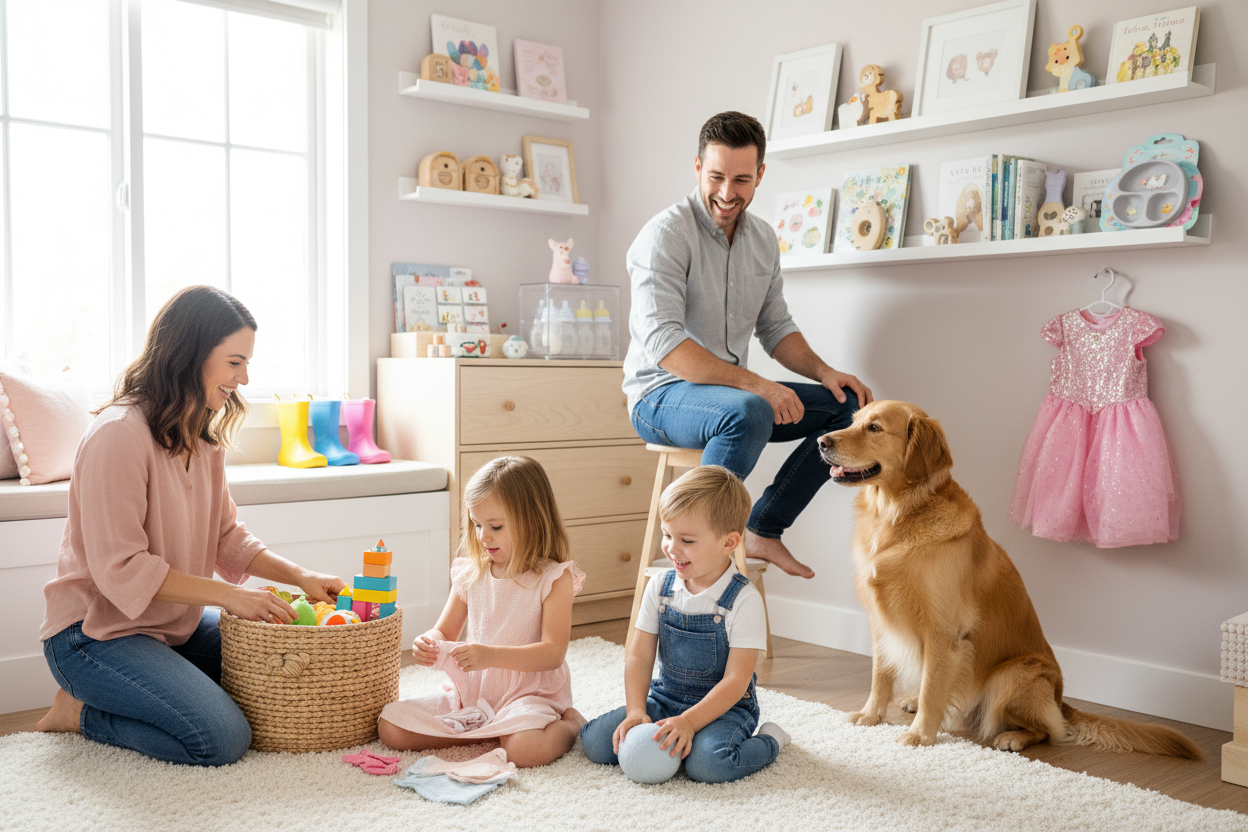 Famiglia che riordina la cameretta insieme
